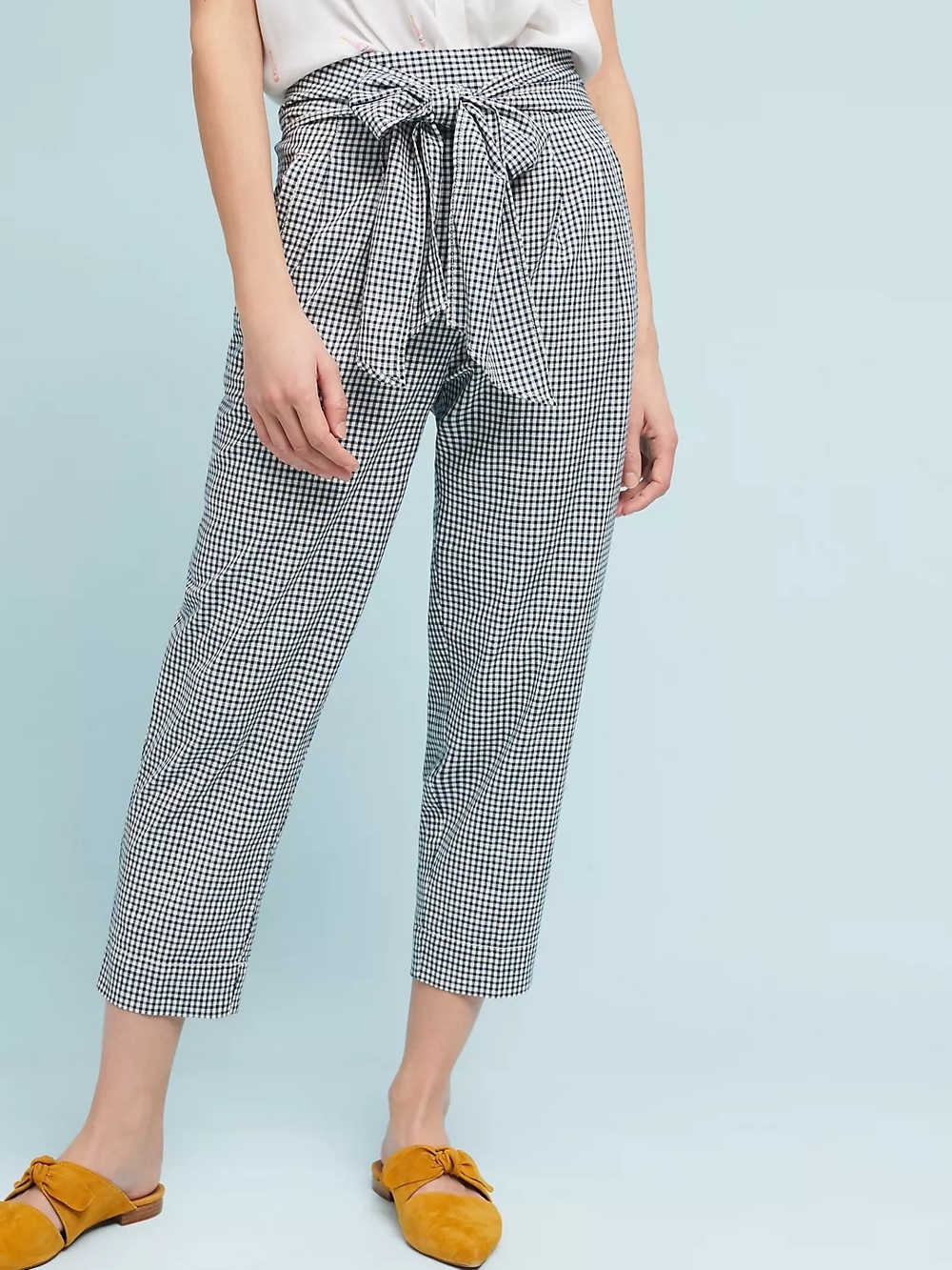 Anthropologie Black & White Gingham Tie-Waist Cropped Pants